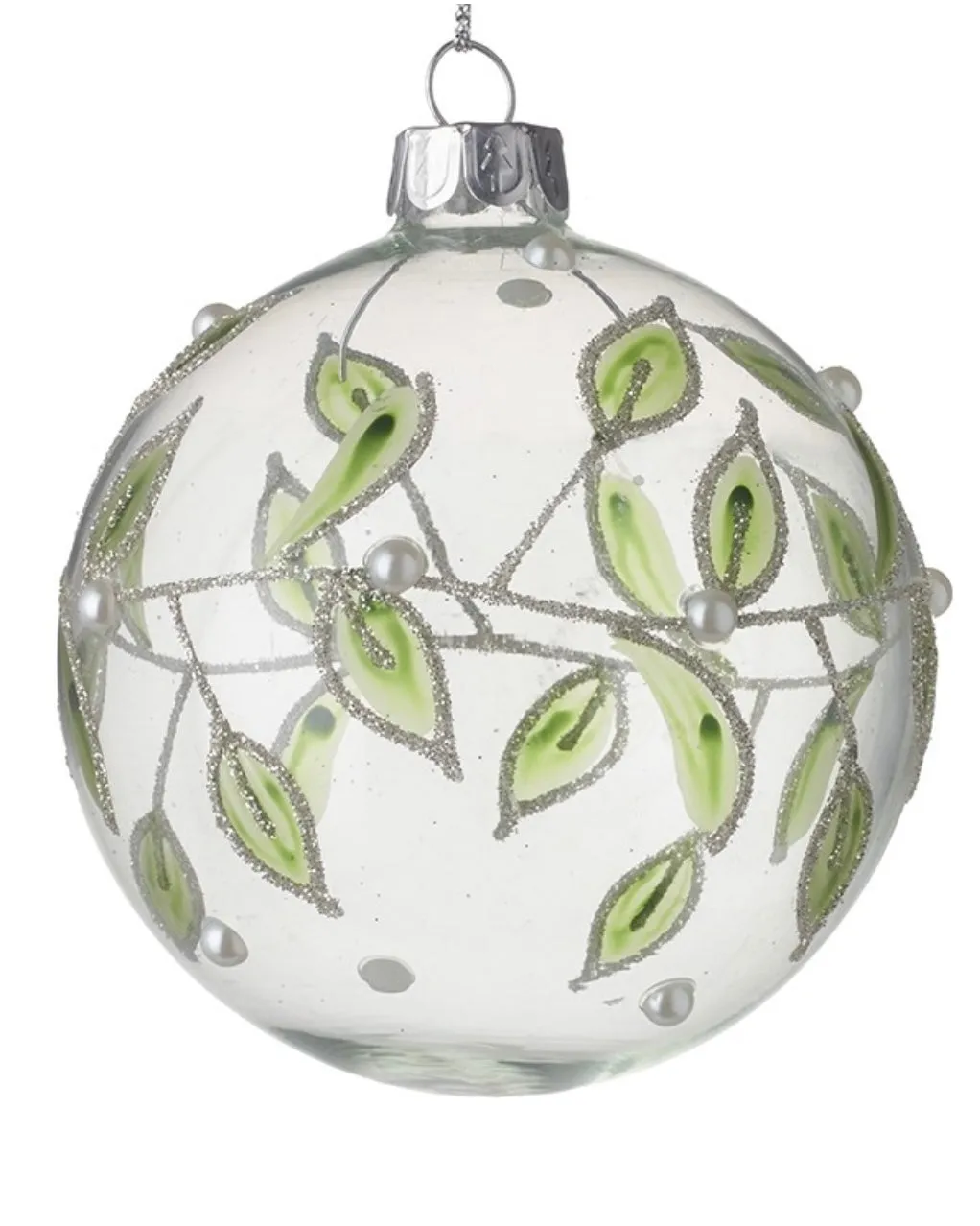 Glass Bauble With Silver & Green Leaves