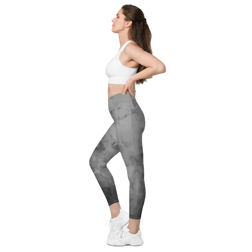 Gray Abstract Women's Tights, Crossover UPF 50  Sports Yoga Gym Leggings With 2 Side Pockets For Ladies - Made in USA/EU/MX (US Size: 2XS-6XL)