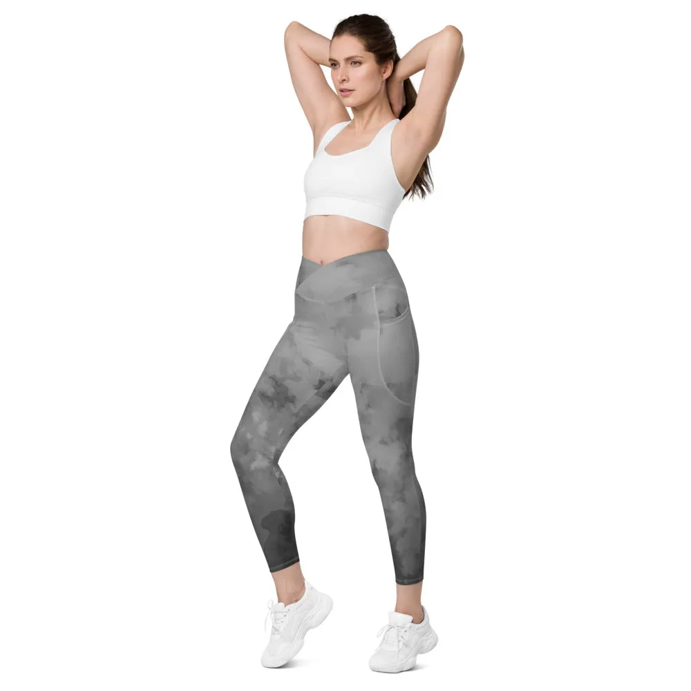 Gray Abstract Women's Tights, Crossover UPF 50  Sports Yoga Gym Leggings With 2 Side Pockets For Ladies - Made in USA/EU/MX (US Size: 2XS-6XL)