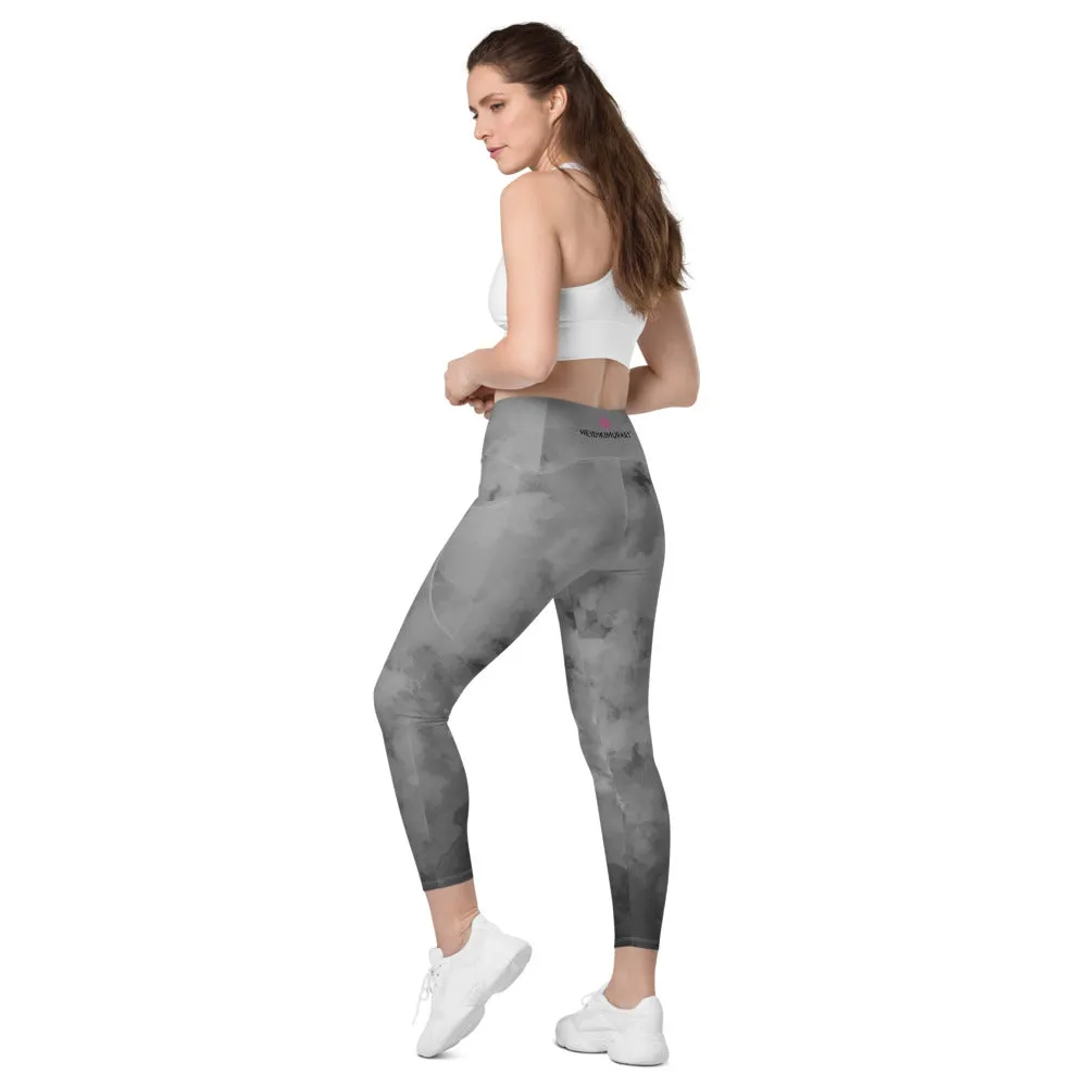 Gray Abstract Women's Tights, Crossover UPF 50  Sports Yoga Gym Leggings With 2 Side Pockets For Ladies - Made in USA/EU/MX (US Size: 2XS-6XL)