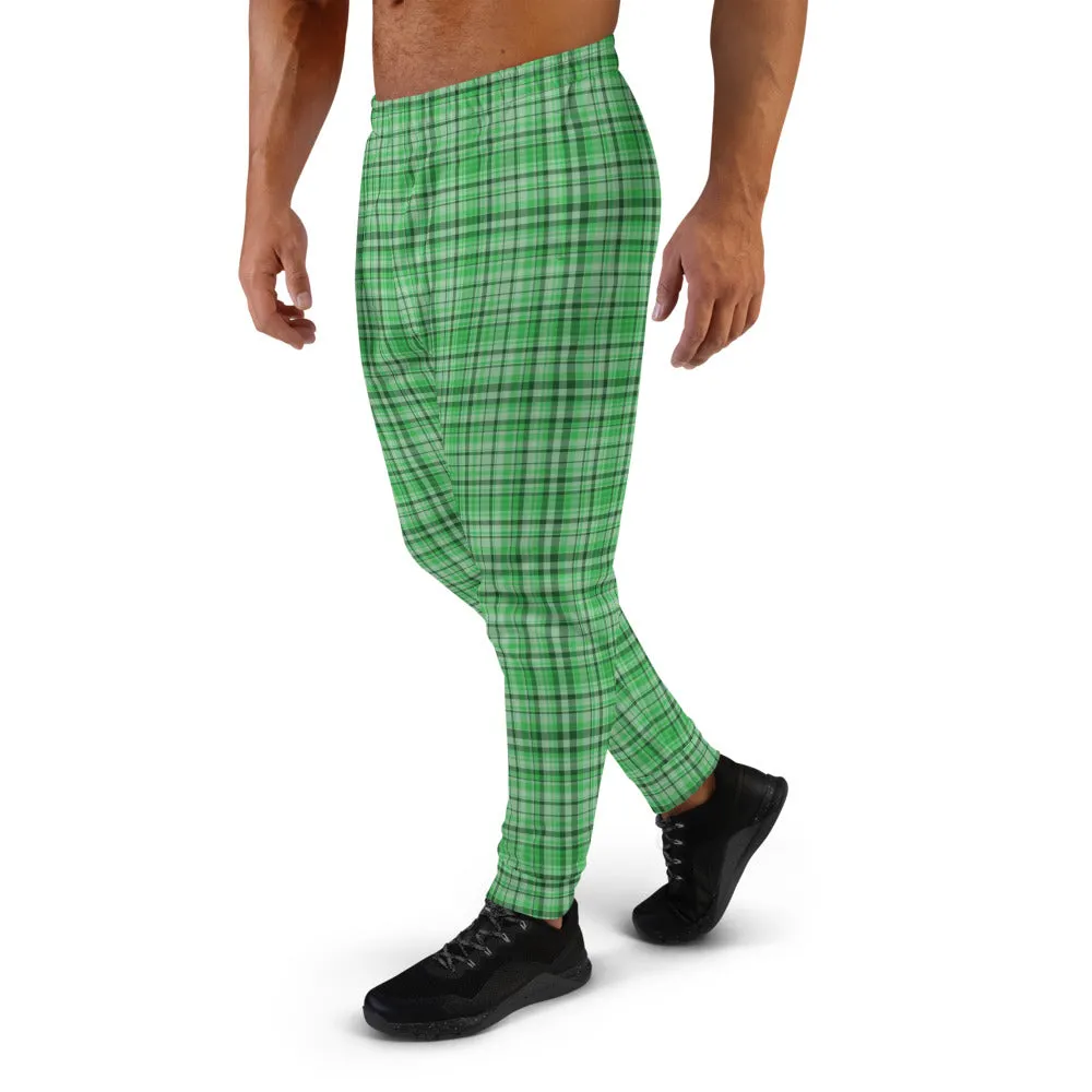 Green Plaid Men's Joggers, Tartan Print Premium Quality Sweatpants For Men- Made in EU