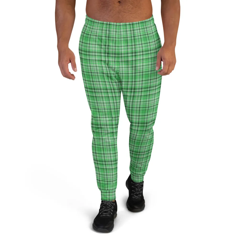 Green Plaid Men's Joggers, Tartan Print Premium Quality Sweatpants For Men- Made in EU