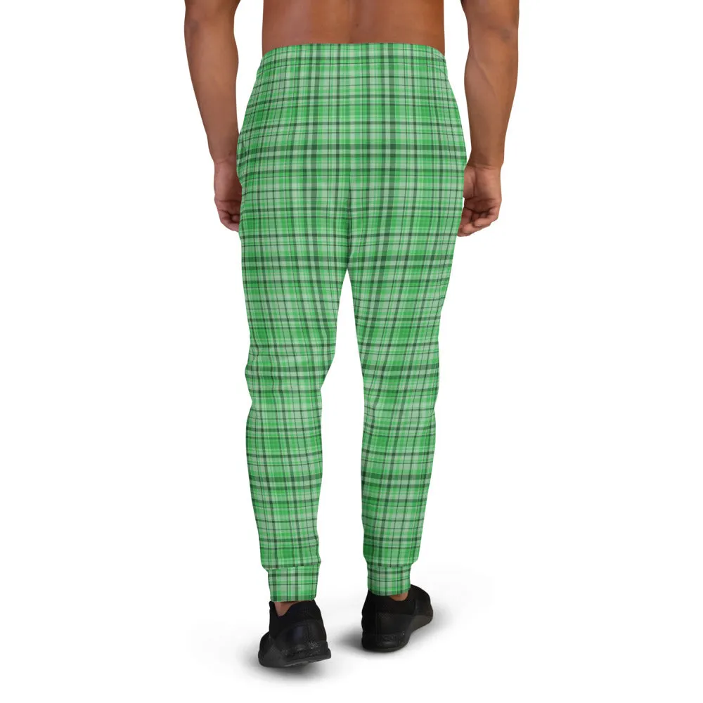 Green Plaid Men's Joggers, Tartan Print Premium Quality Sweatpants For Men- Made in EU