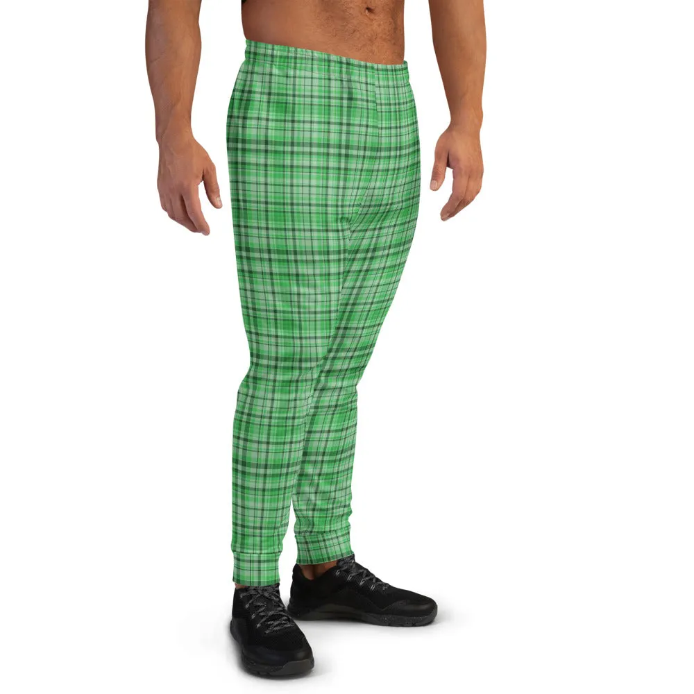 Green Plaid Men's Joggers, Tartan Print Premium Quality Sweatpants For Men- Made in EU