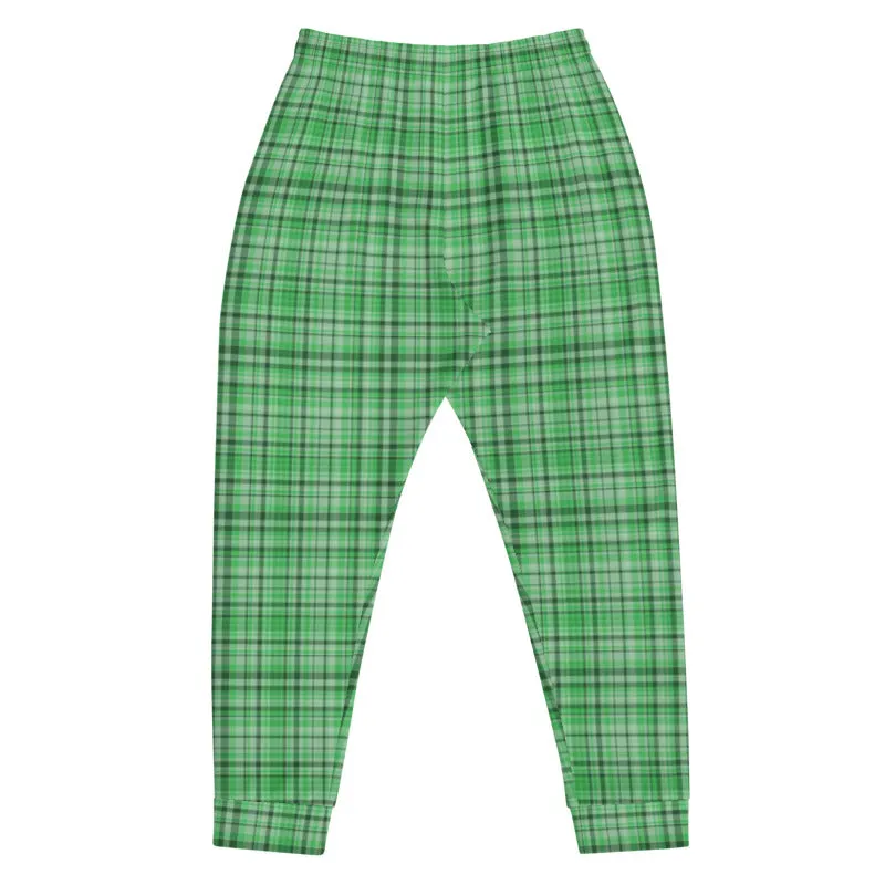 Green Plaid Men's Joggers, Tartan Print Premium Quality Sweatpants For Men- Made in EU