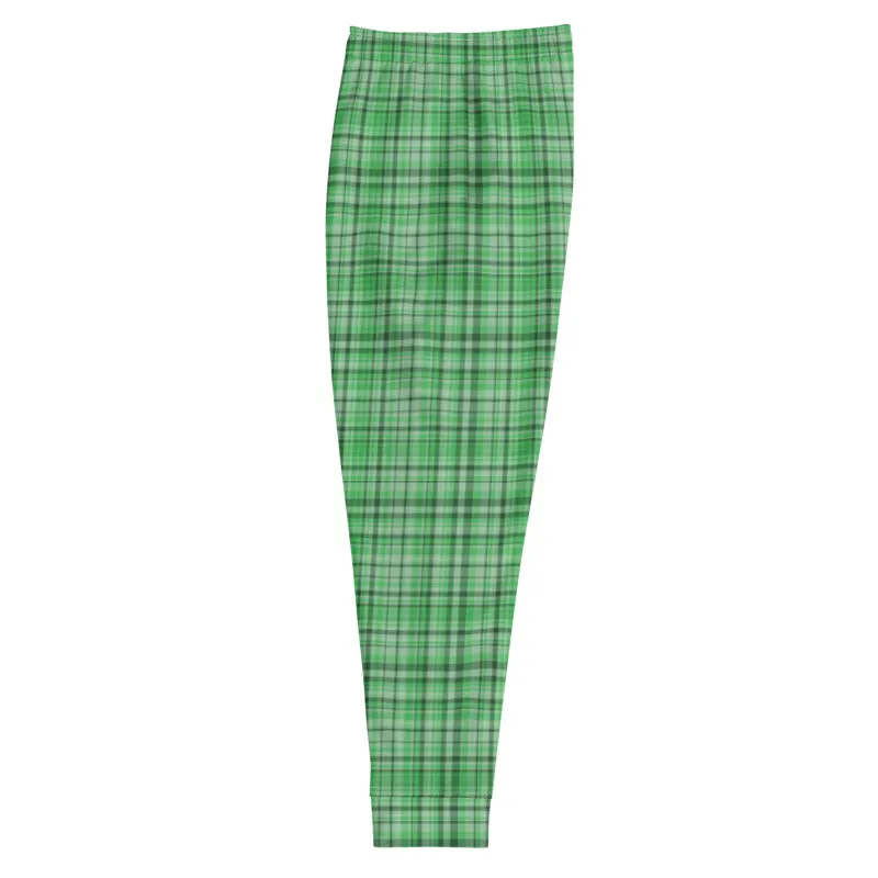 Green Plaid Men's Joggers, Tartan Print Premium Quality Sweatpants For Men- Made in EU