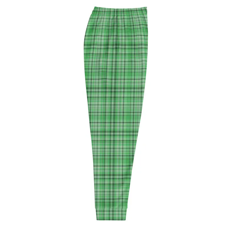 Green Plaid Men's Joggers, Tartan Print Premium Quality Sweatpants For Men- Made in EU