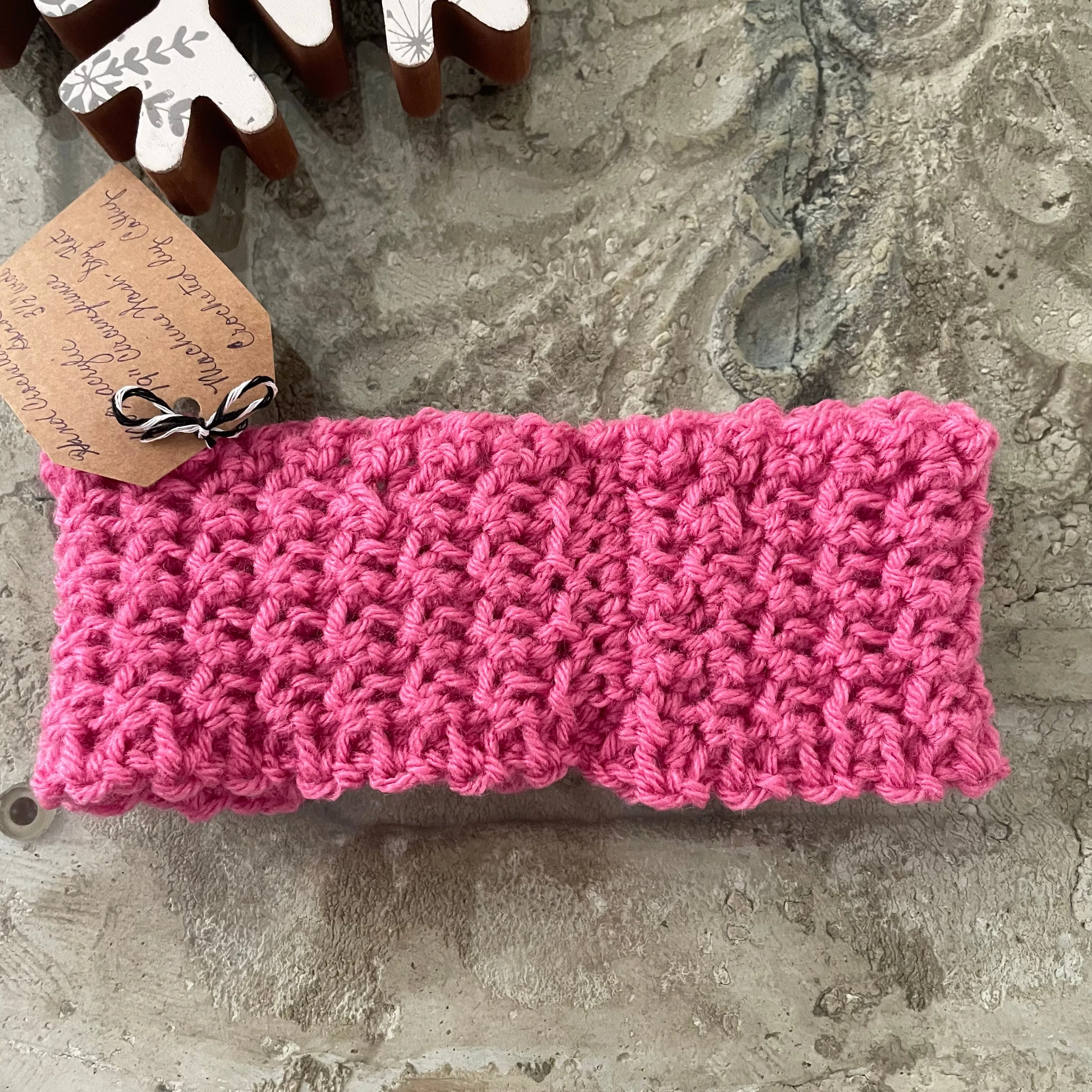 Hand Crocheted Pink Twist Ear Warmer 19" Spring Fall Winter Headband Neon Bold Knit Vintage Retro Style Outdoor Neon