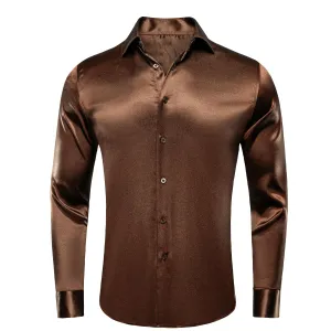 Hi-Tie Men's Top Dark Brown Satin Silk Men's Long Sleeve Dress Shirt