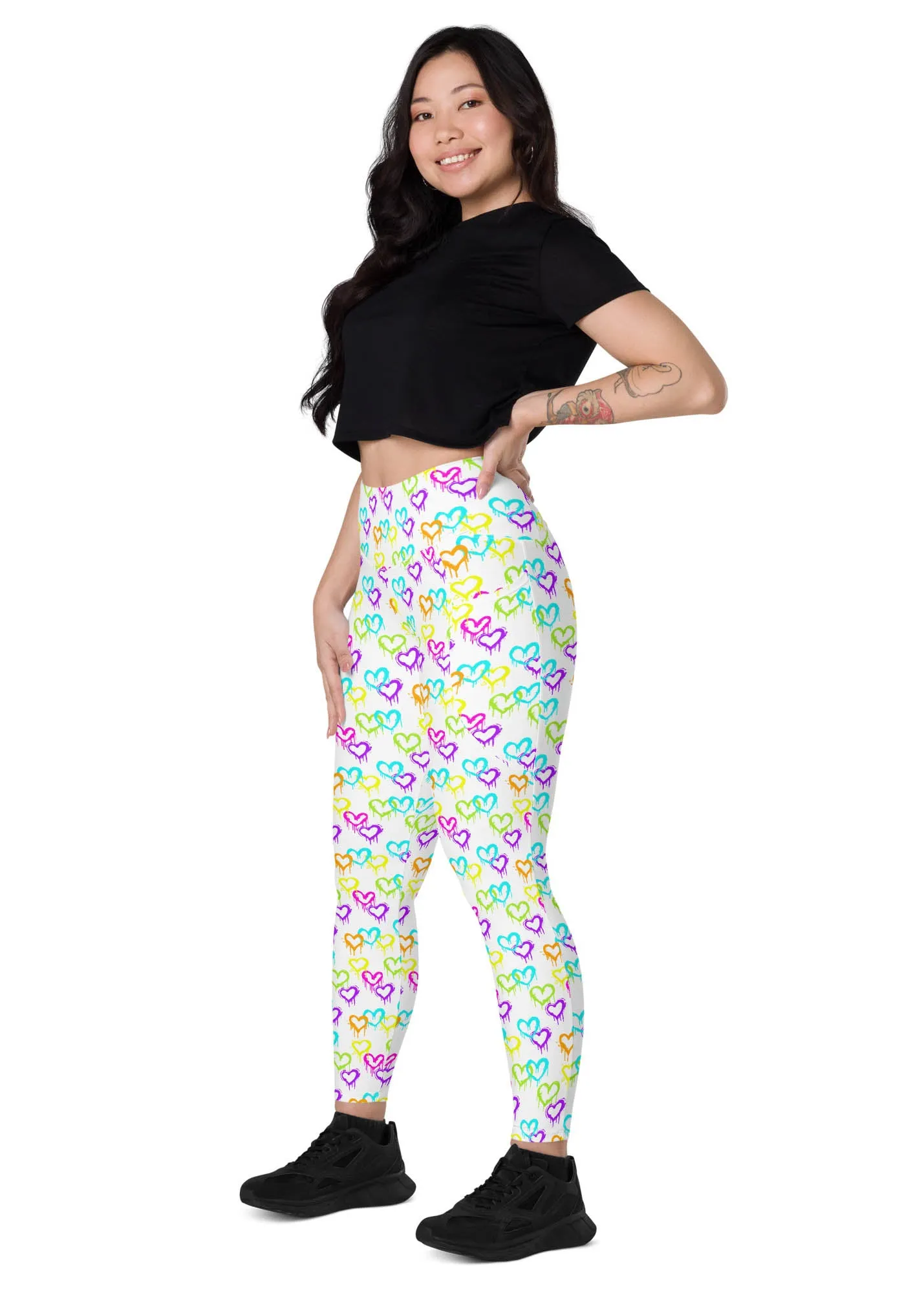 High-Waisted Leggings with Pockets - Melting Hearts - White