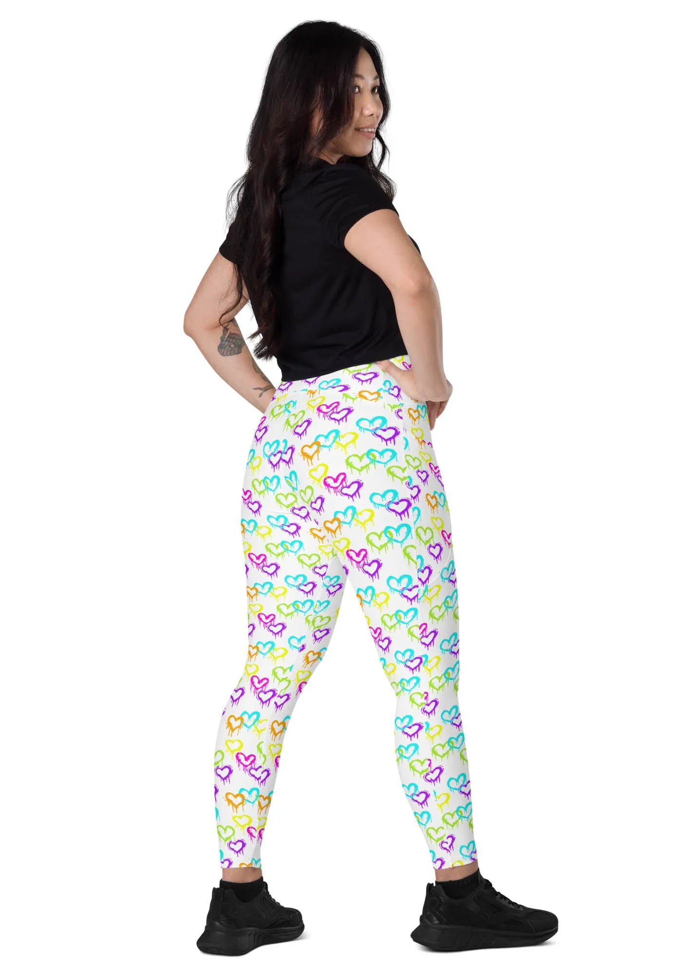 High-Waisted Leggings with Pockets - Melting Hearts - White