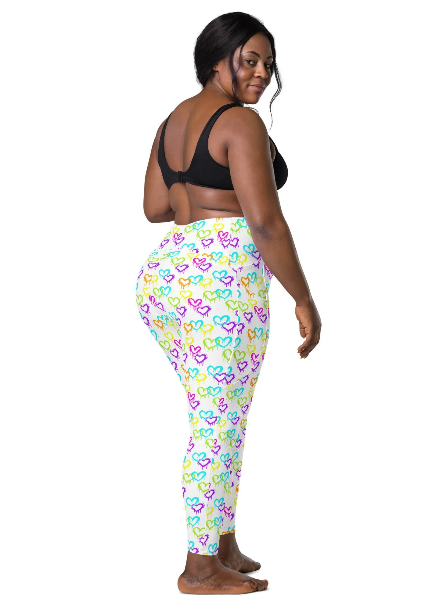 High-Waisted Leggings with Pockets - Melting Hearts - White