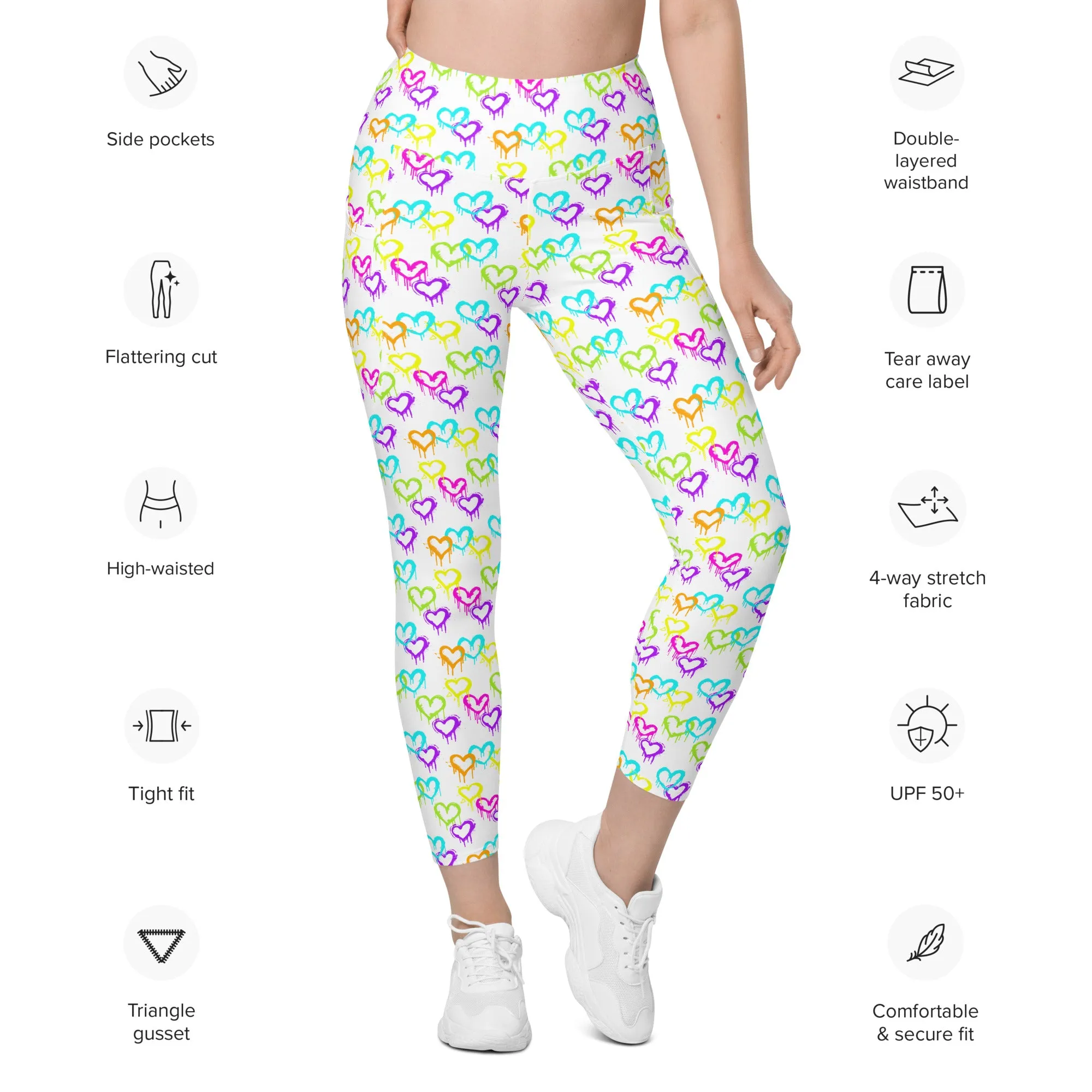 High-Waisted Leggings with Pockets - Melting Hearts - White