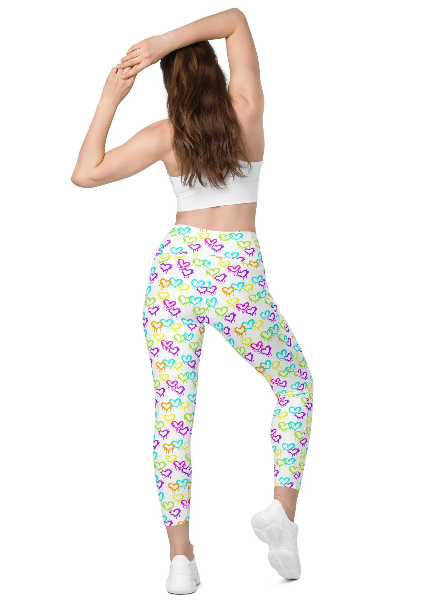 High-Waisted Leggings with Pockets - Melting Hearts - White