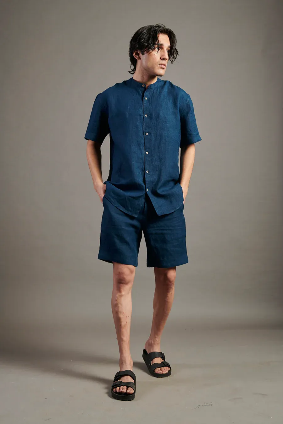 Indigo Linen Half Sleeves Band Collar Shirt