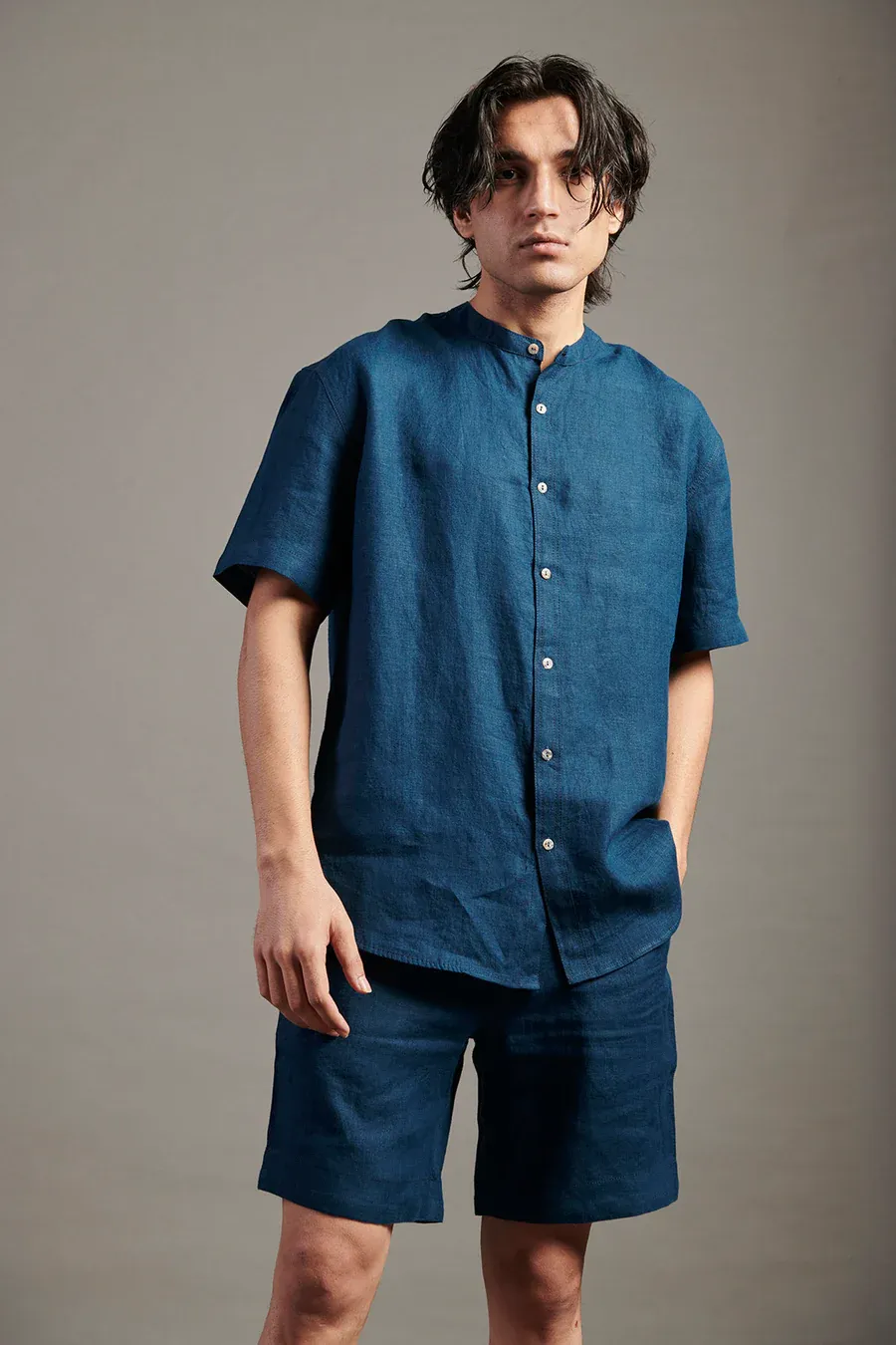 Indigo Linen Half Sleeves Band Collar Shirt