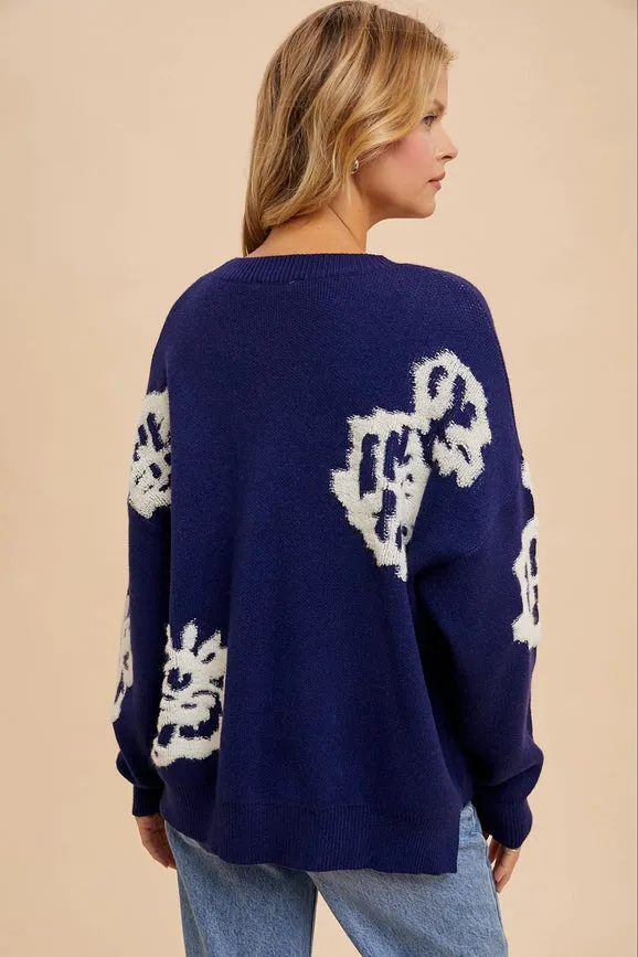 Intarsia Floral Knitted Sweater NAVY