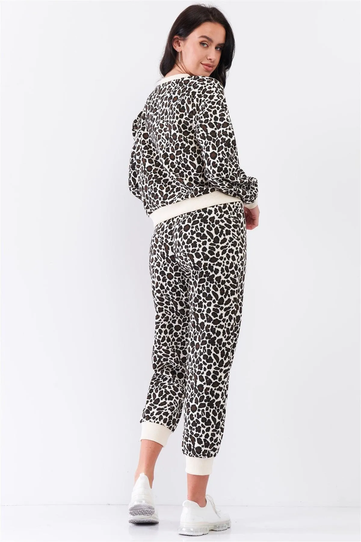 Ivory & Black Leopard Oversized Rib Cuff Round Neck Long Sleeve Top High Waisted Jogger Pants Set /3-1-1