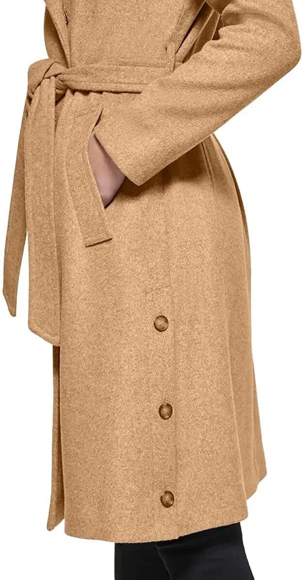 Kenneth Cole New York Womenâ€™s Wool-Blend Belted Tie Waist Wrap Coat