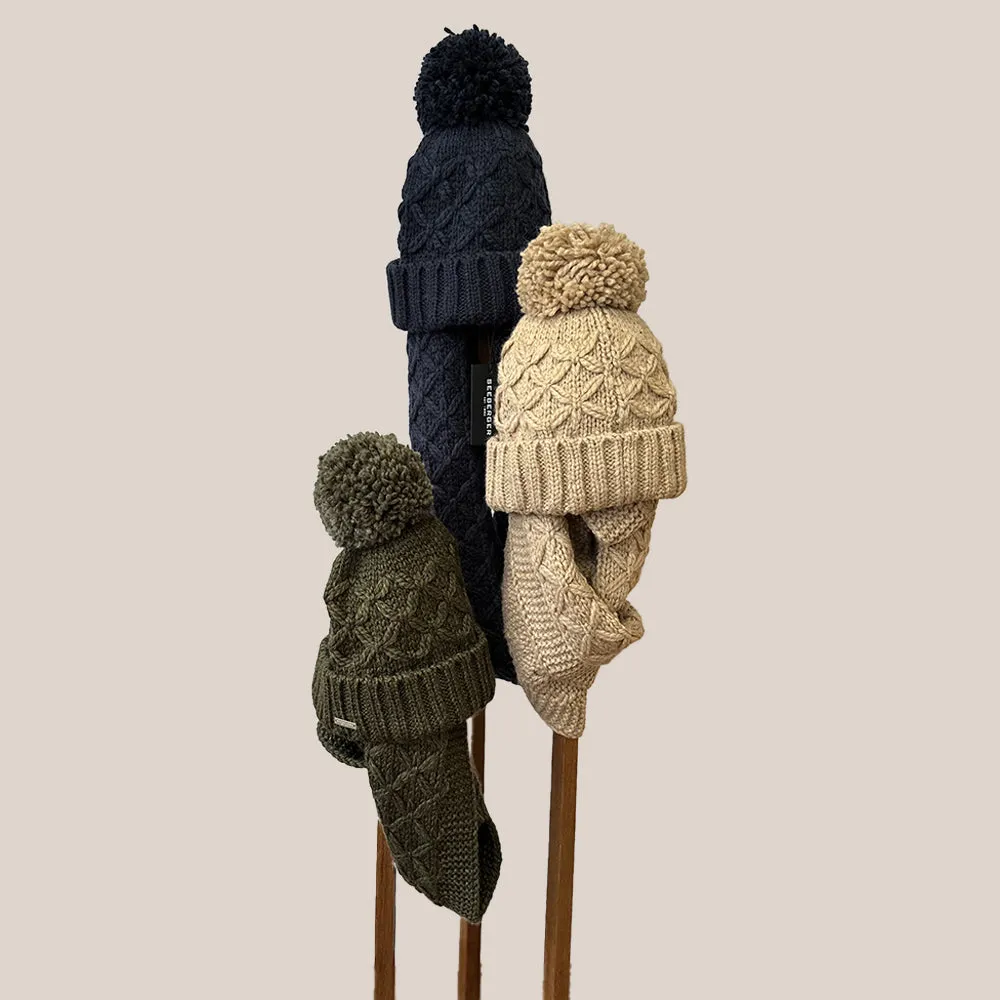 Knit Beanie Turn-Up With Yarn Pompon In Cable Structure