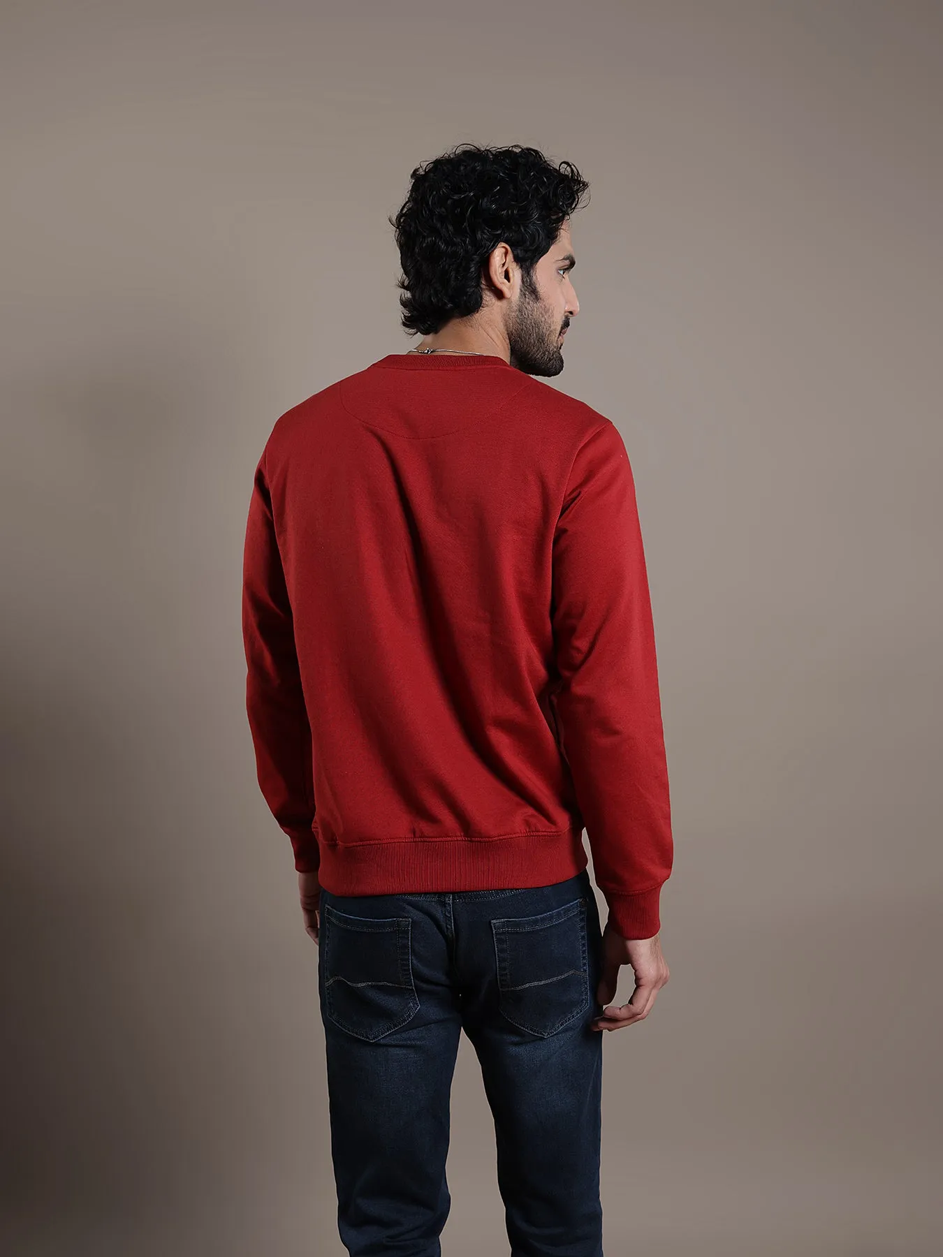 Knitted Red Self Design Regular Fit Full Sleeve Casual Sweatshirt