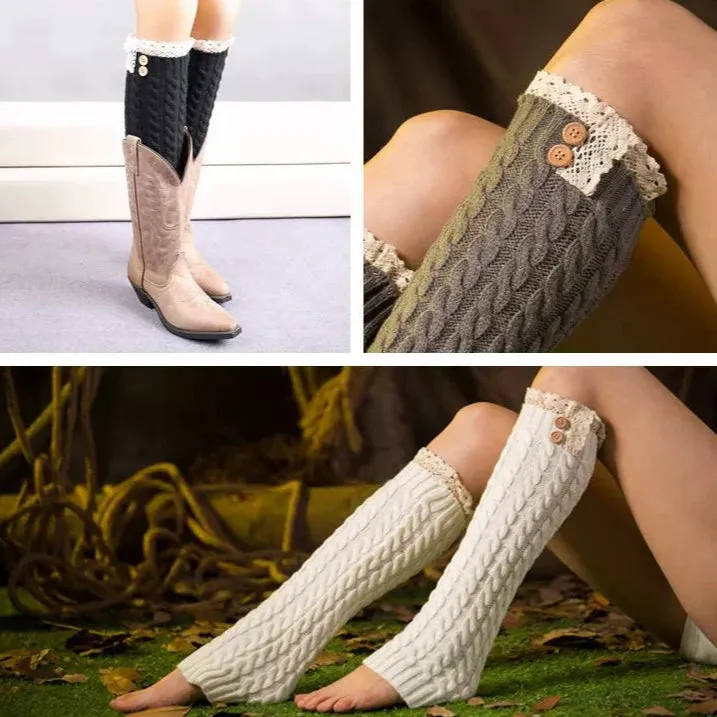 Knitted Woolen Foot Covers with Lace Figure-8 Twist Button