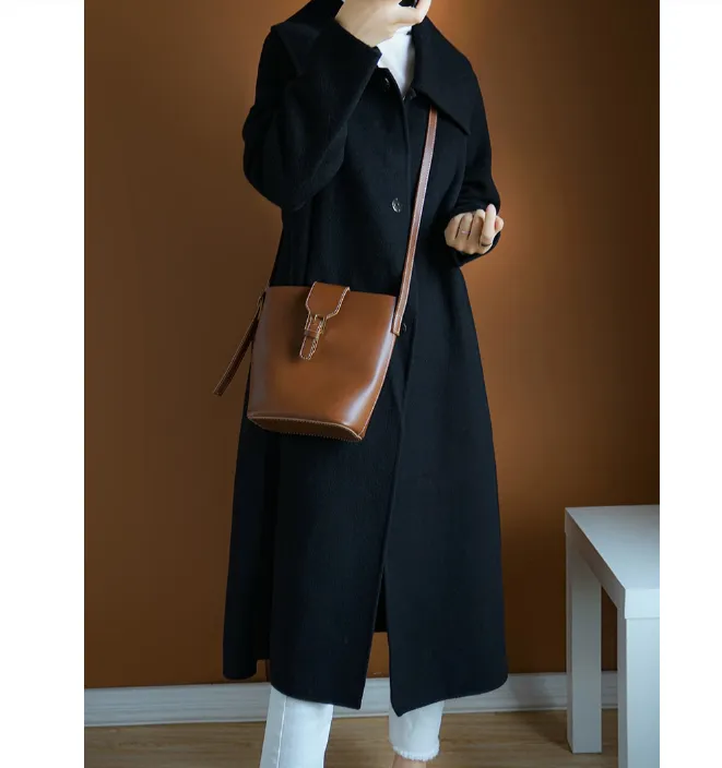 Label Collar Wool Coat Jacket Double Face Long Warm Women Wool Coat 1001