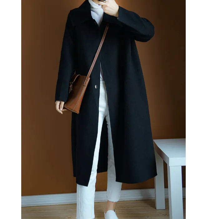 Label Collar Wool Coat Jacket Double Face Long Warm Women Wool Coat 1001