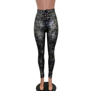 Lace-Up High Waist Leggings - Gunmetal on Black Gilded Velvet