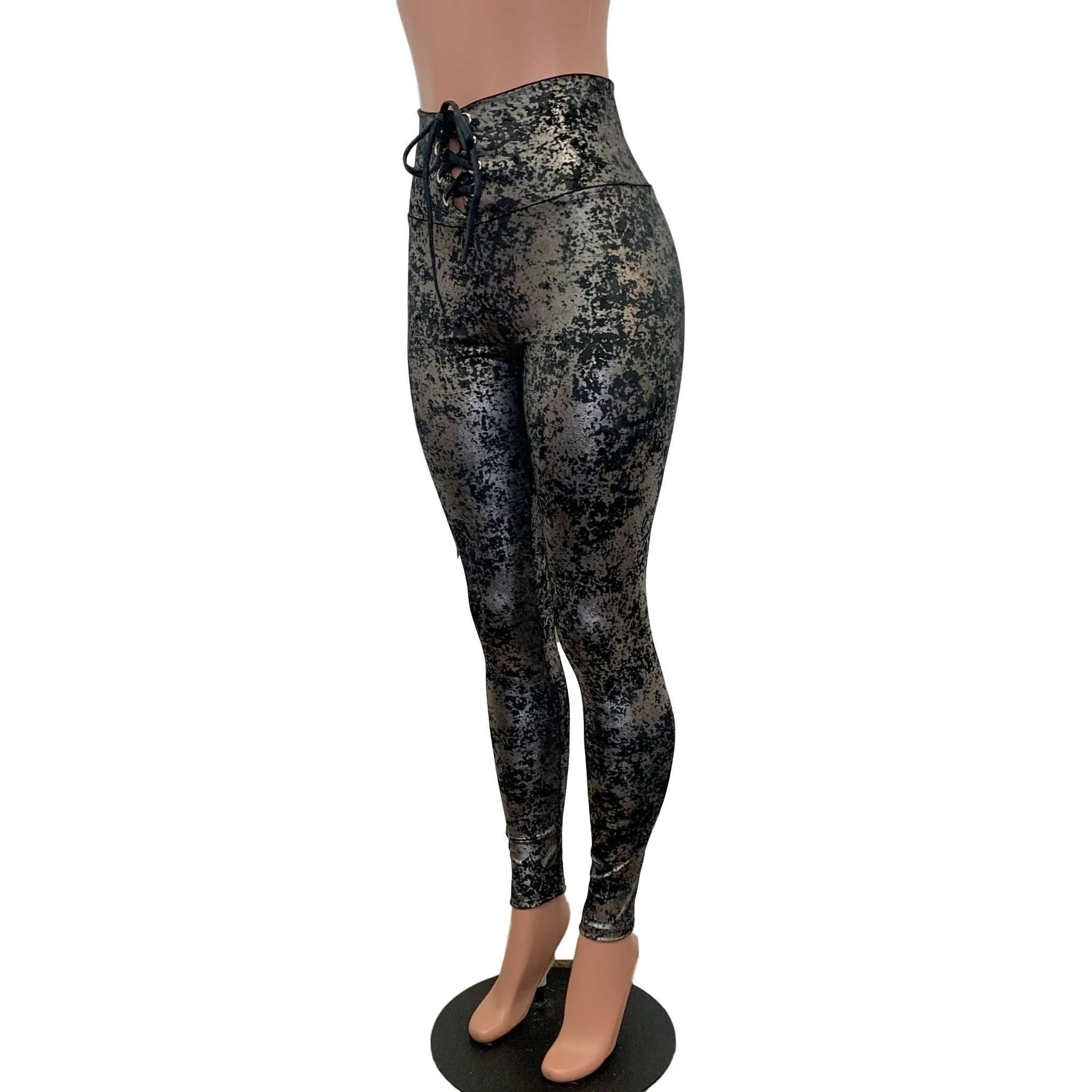 Lace-Up High Waist Leggings - Gunmetal on Black Gilded Velvet