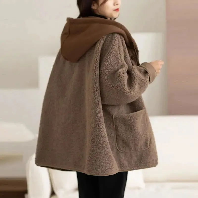 Lamb Wool Fleece-lined Hooded Women's Short Jacket