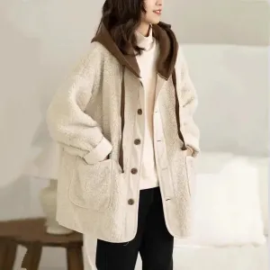 Lamb Wool Fleece-lined Hooded Women's Short Jacket