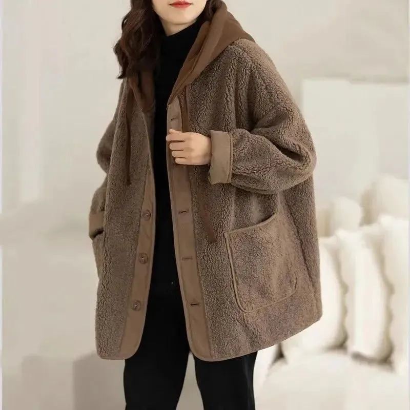 Lamb Wool Fleece-lined Hooded Women's Short Jacket