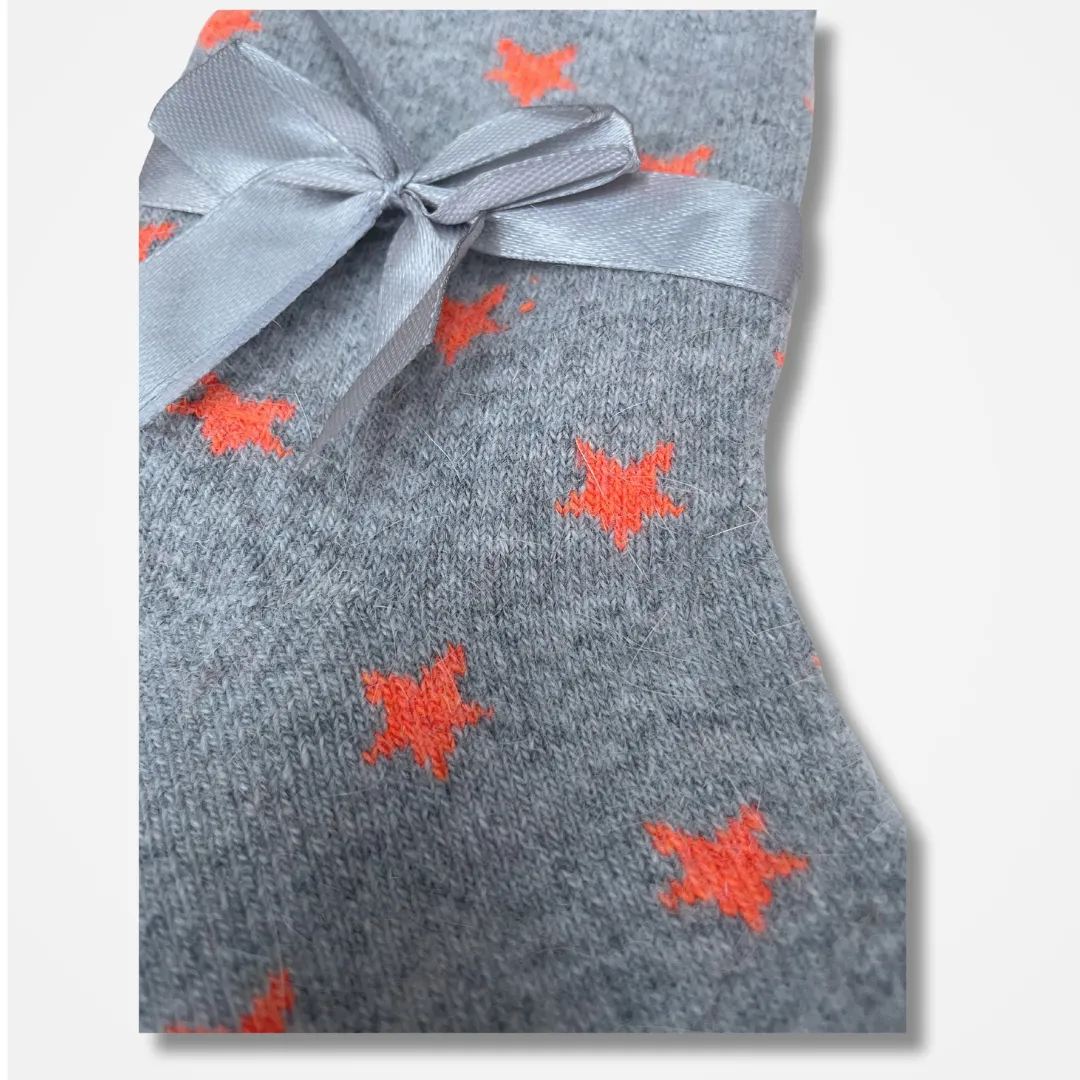 Light Grey/Orange Star Wool Blend Sock with Faux Fur Cuff