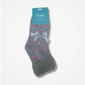 Light Grey/Pink Star Wool Blend Sock with Faux Fur Cuff