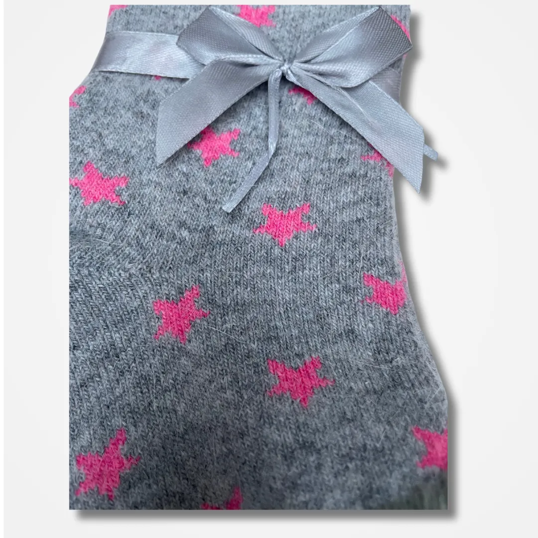 Light Grey/Pink Star Wool Blend Sock with Faux Fur Cuff