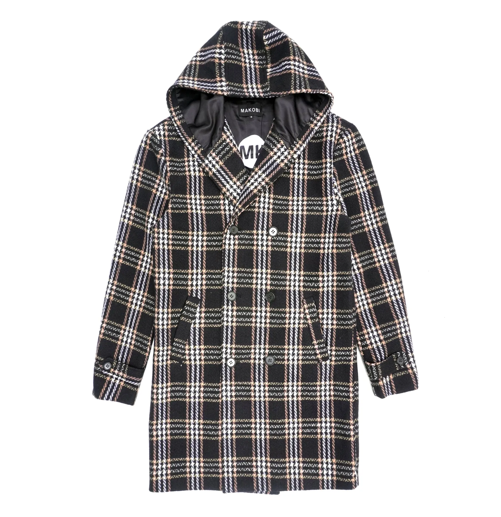 M4044 Gilbert Plaid Wool Hooded Coat - Black