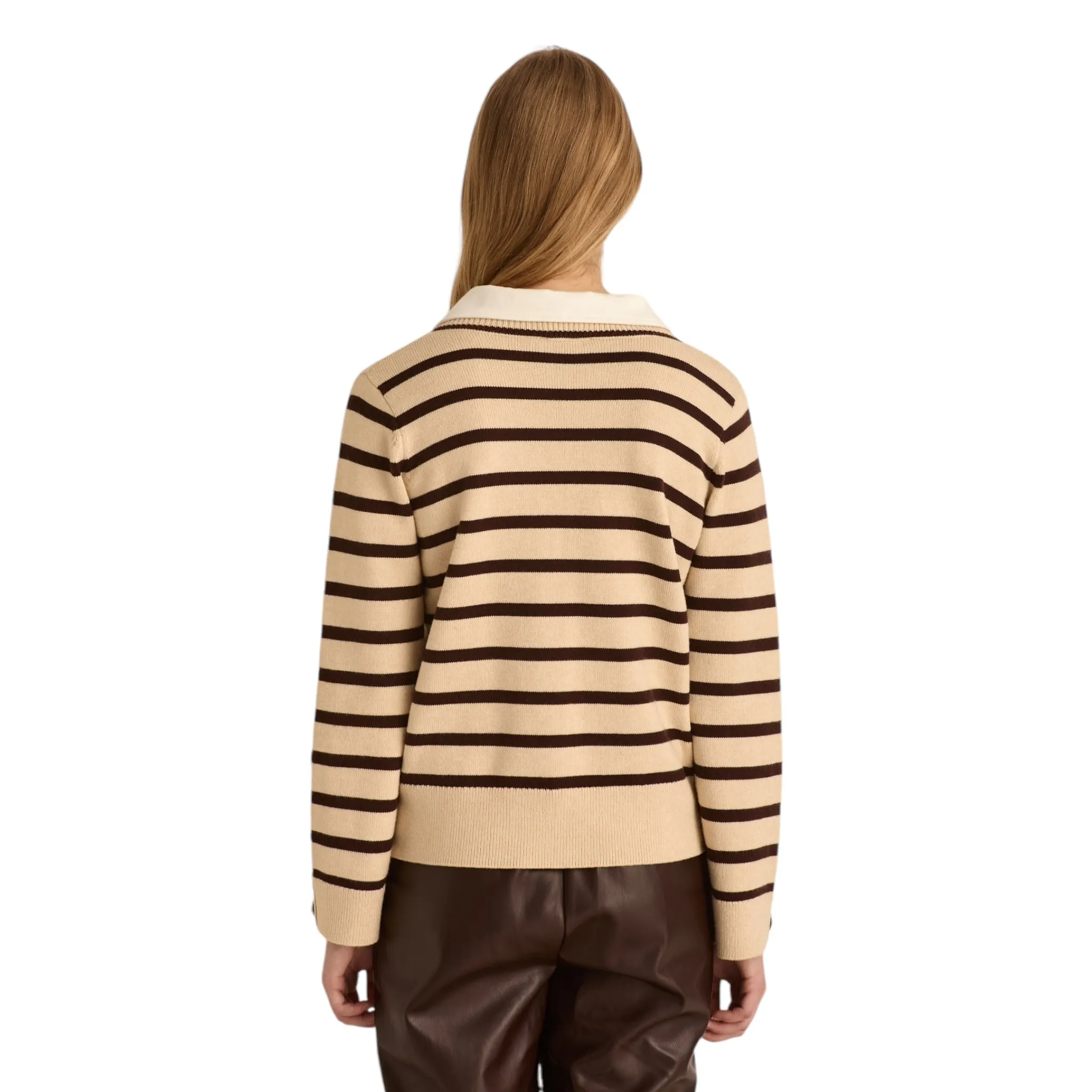 Marina V V Neck Striped Sweater Beige