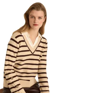 Marina V V Neck Striped Sweater Beige