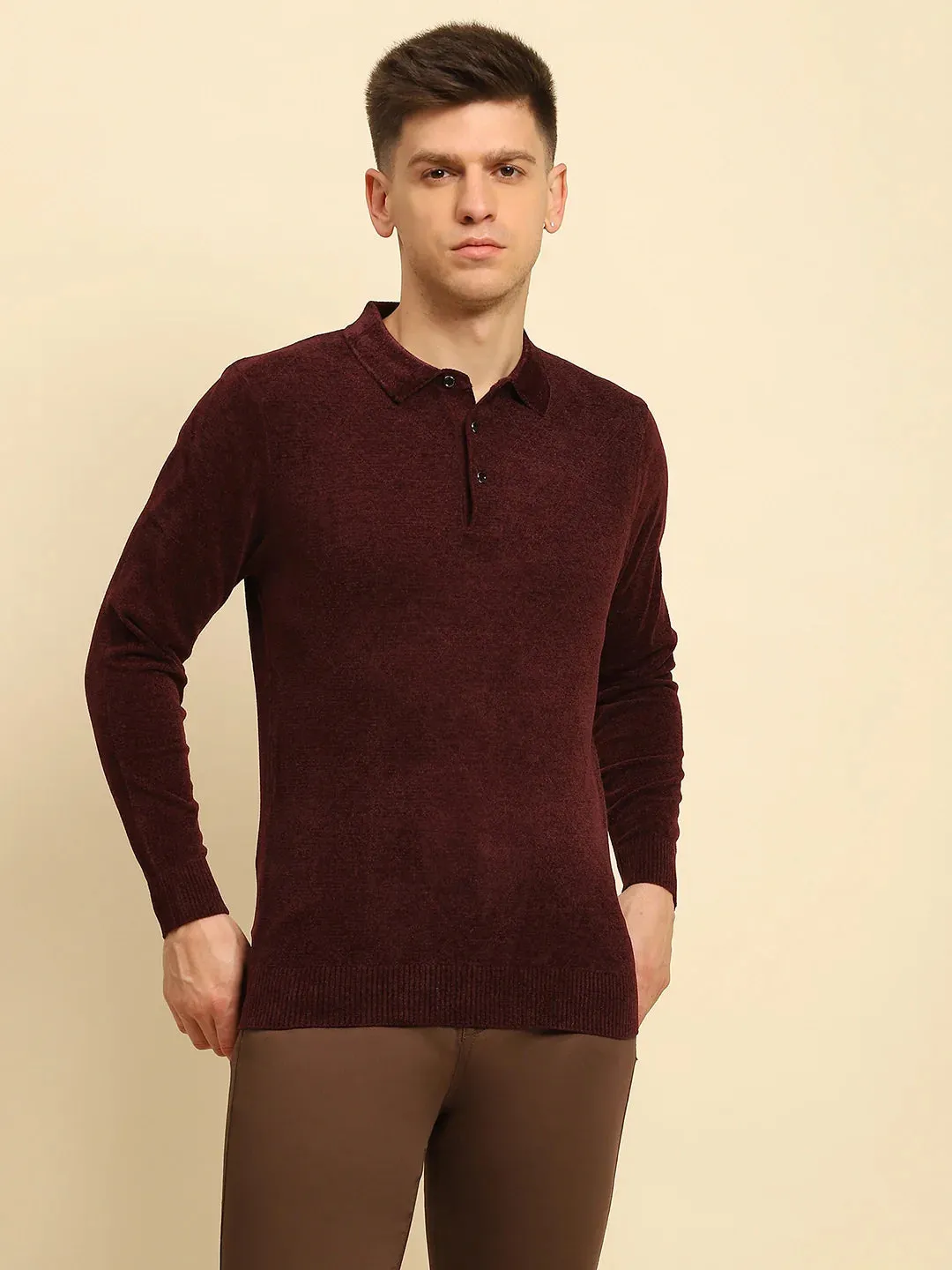 Maroon Velvet Blend Solid Regular Fit Pullover