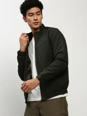 Men Green Solid Casual Bomber Jackets