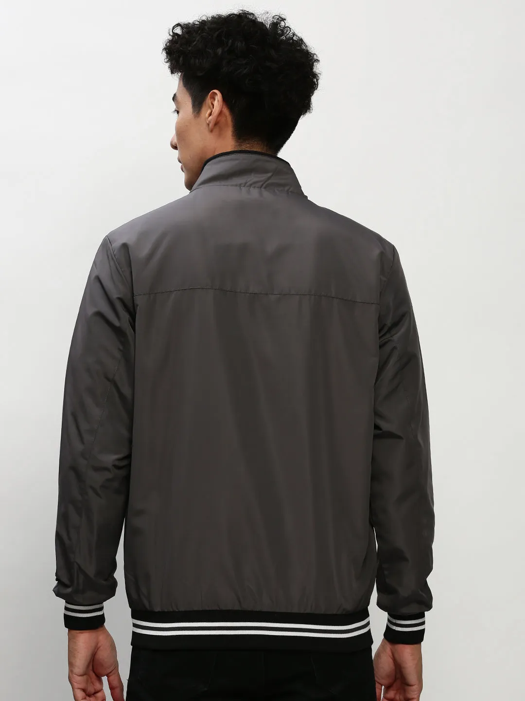 Men Grey Solid Casual Bomber Jackets