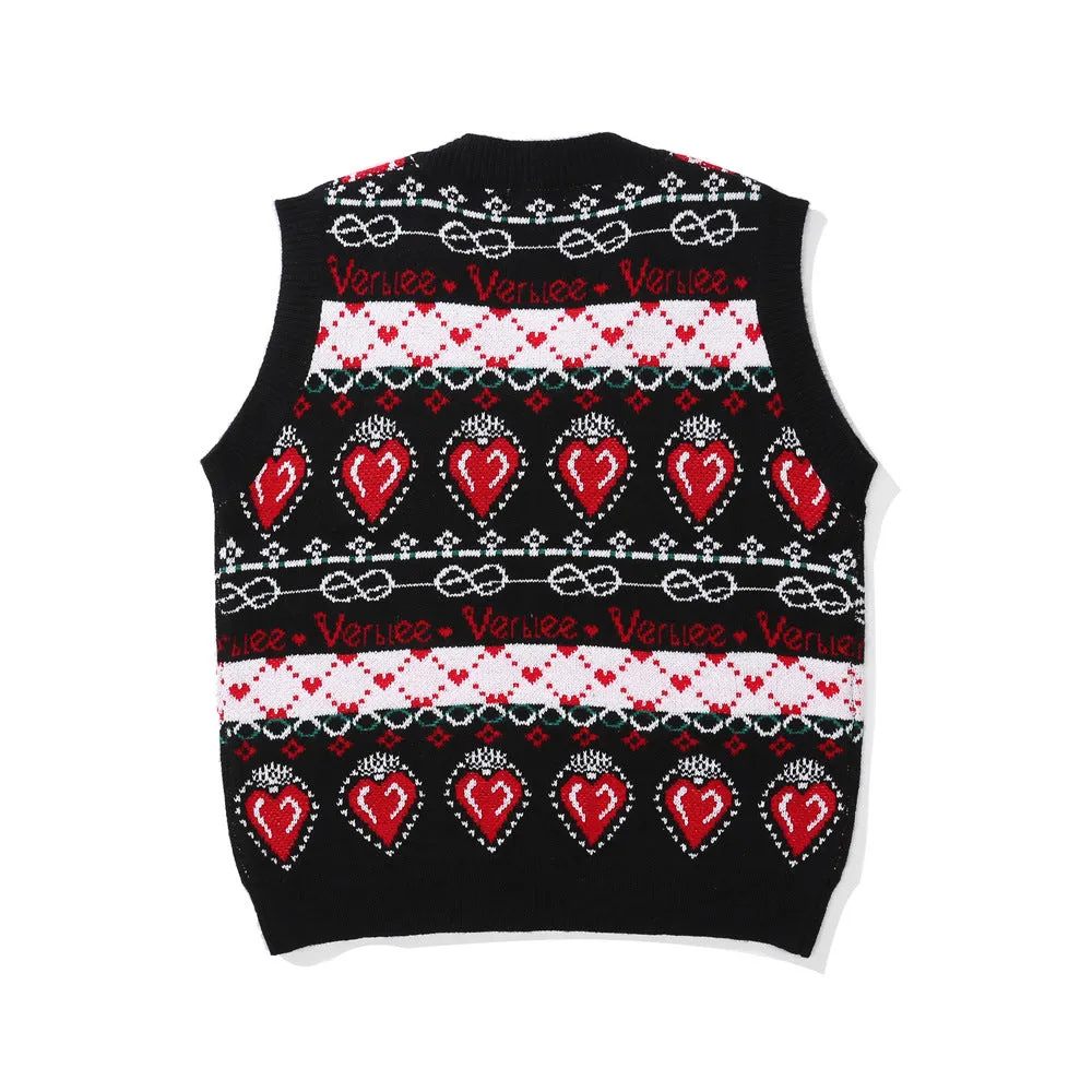 Men Sweater Vest Contrast Color Heart Jacquard Knitted Vest Men's Loose V-neck Sleeveless Sweater BF Idle Style Vest