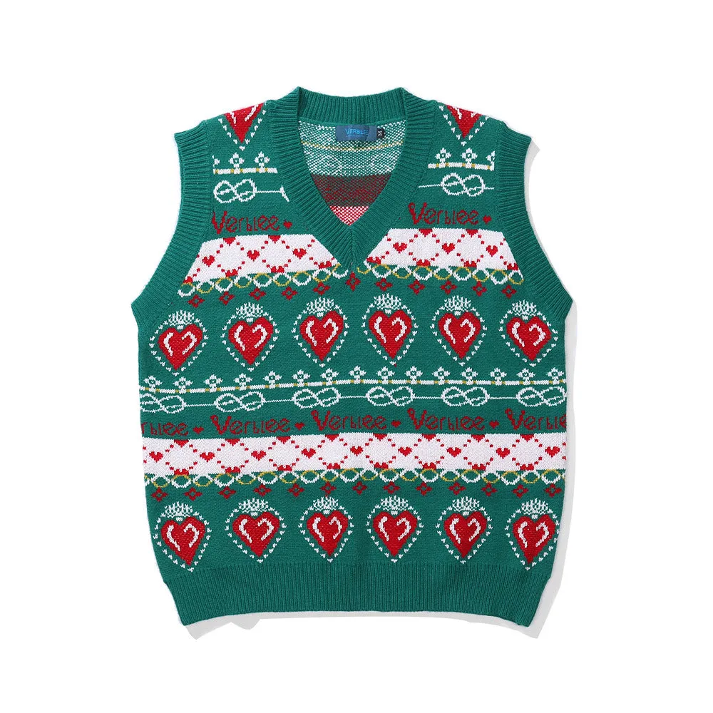 Men Sweater Vest Contrast Color Heart Jacquard Knitted Vest Men's Loose V-neck Sleeveless Sweater BF Idle Style Vest