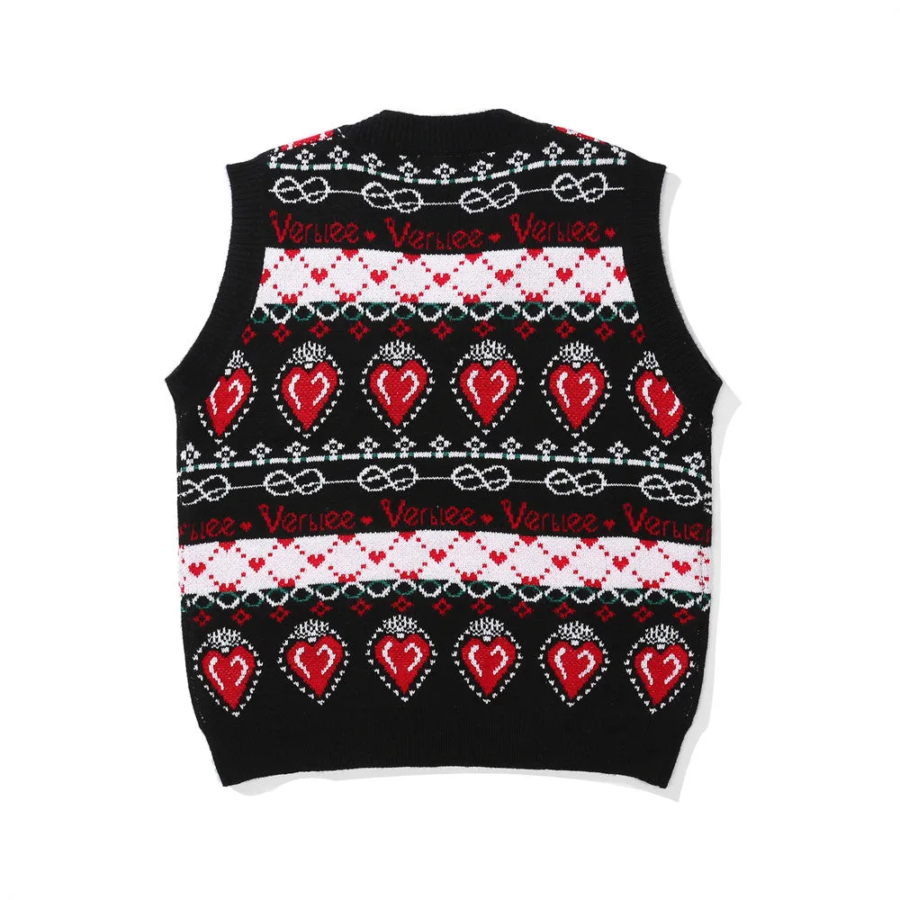 Men Sweater Vest Contrast Color Heart Jacquard Knitted Vest Men's Loose V-neck Sleeveless Sweater BF Idle Style Vest