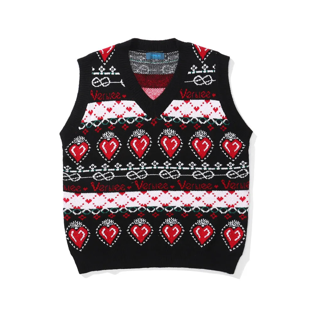 Men Sweater Vest Contrast Color Heart Jacquard Knitted Vest Men's Loose V-neck Sleeveless Sweater BF Idle Style Vest