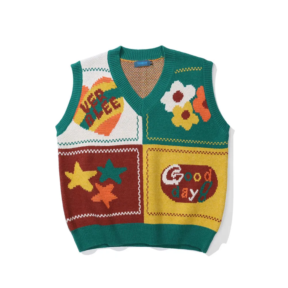 Men Sweater Vest Creative Pattern Contrasting Color Jacquard Knitted Waistcoat Men's Loose Sleeveless Sweater Vest