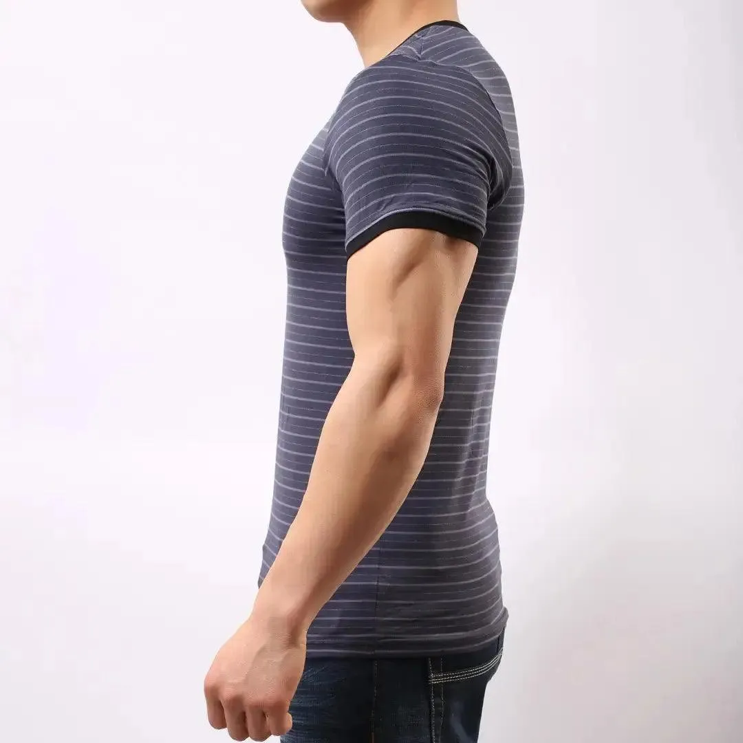 Men's Eco-Friendly Bamboo Fiber V-Neck UnderShirt in Blue-Gray Stripe