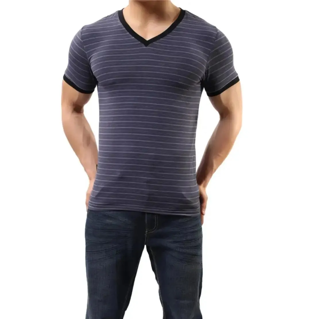 Men's Eco-Friendly Bamboo Fiber V-Neck UnderShirt in Blue-Gray Stripe