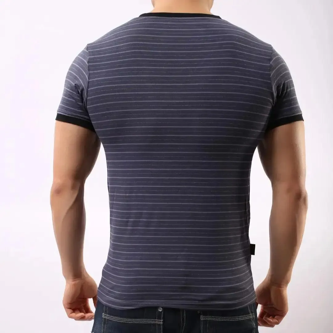 Men's Eco-Friendly Bamboo Fiber V-Neck UnderShirt in Blue-Gray Stripe